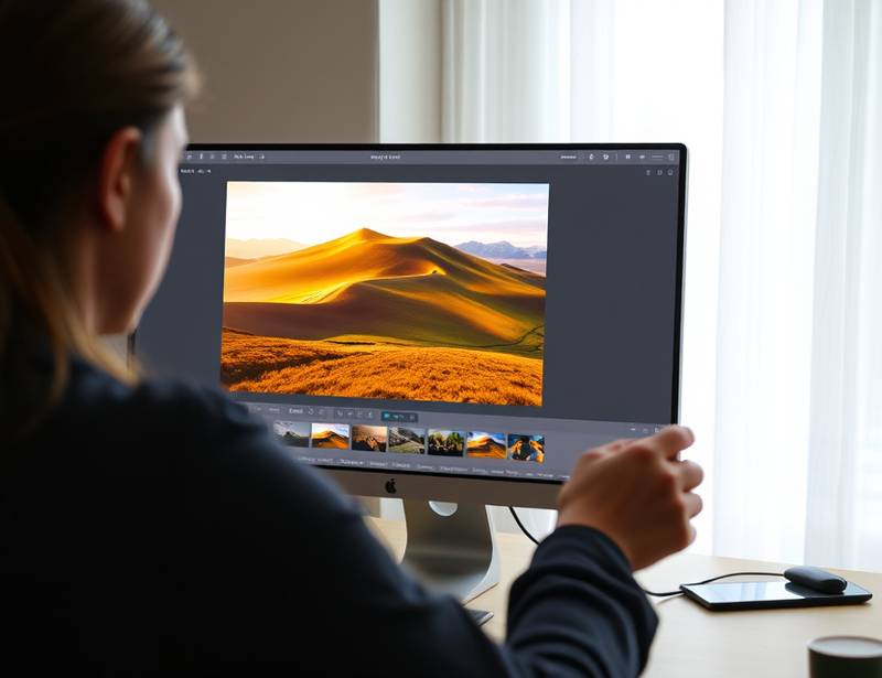 Photo editing course participant editing a landscape photo